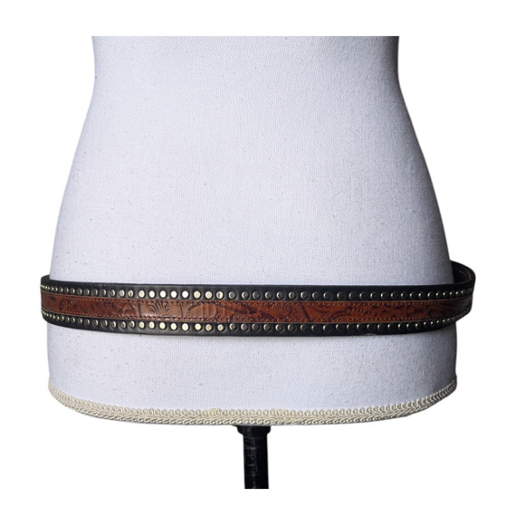 Terry Stack Black Brown Studded Hook and Loop Italian Leather Belt Size Large - Picture 2 of 9